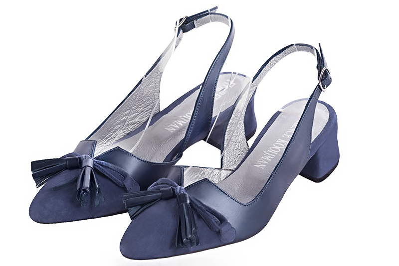 Prussian blue women's open back shoes, with a knot. Tapered toe. Low flare heels. Front view - Florence KOOIJMAN